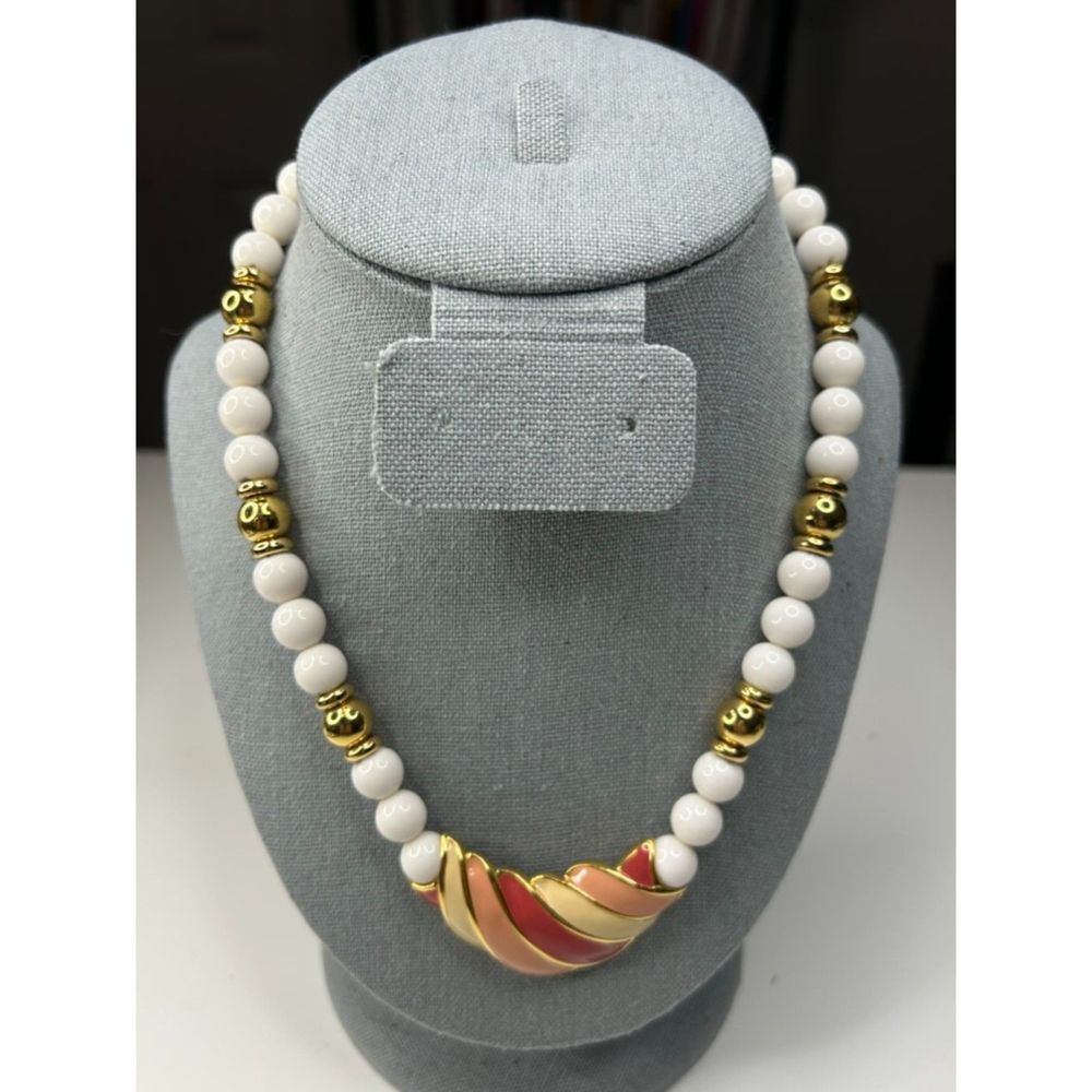 Vintage White and Gold Beaded & Pink and Cream Enamel Necklace